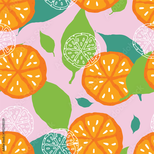 Summer seamless pattern abstract orange fruits and leaves