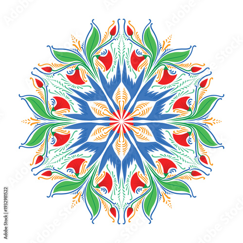 Traditional Rickshaw Art style circular mandala. Vibrant symmetrical folk art vector with floral and petal motifs. Perfect for cultural festivals, Pohela Boishakh, and ethnic decor. Colorful Rickshaw 