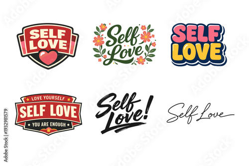 Self love designs: colorful motivational typography graphics and floral elements