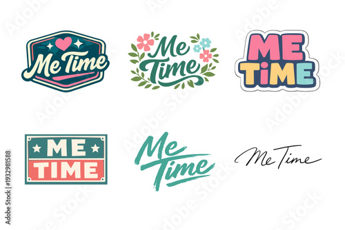 Colorful me time logos with floral and heart designs in various styles