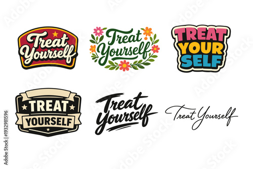 Colorful treat yourself typography with floral and banner designs