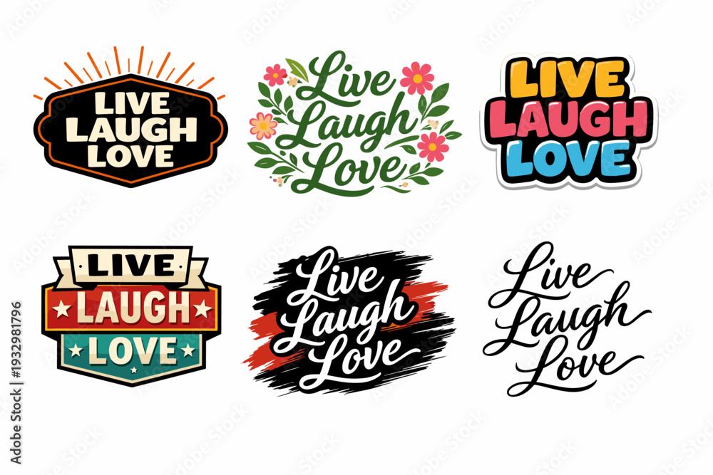 Naklejka premium Colorful 'live laugh love' designs with floral and graphic variations