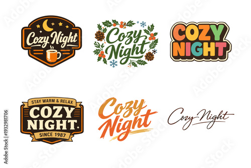 Cozy night: retro logos with warm beverage and winter motifs