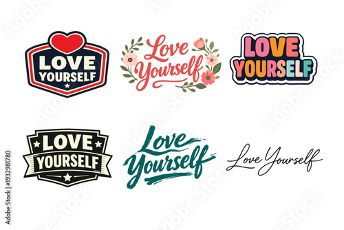 Love yourself logos with heart and floral designs