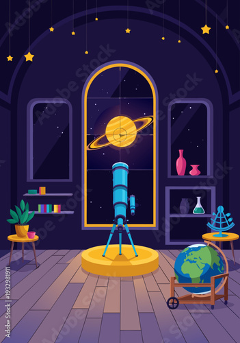 Captivating vector illustration of a room with a telescope aimed at Saturn, showcasing cosmic exploration and astronomical wonder