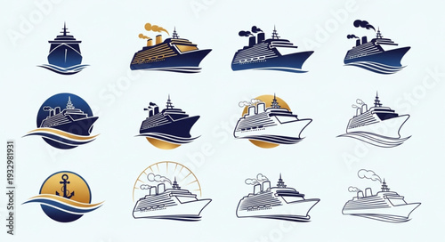 Collection of various cruise ship illustrations in different styles and designs for travel and tourism.