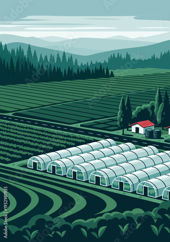 Modern agricultural farm with greenhouses and cultivated fields, vector illustration of sustainable farming practices