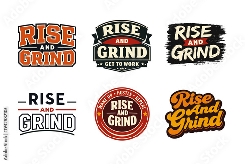 Rise and grind motivational badge collection with varied vintage designs