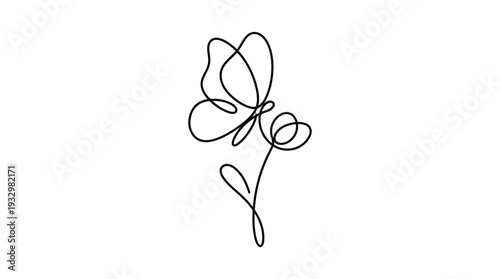 Butterfly on Flower Stem One-Line Icon, Single Continuous Line Minimal Botanical Outline