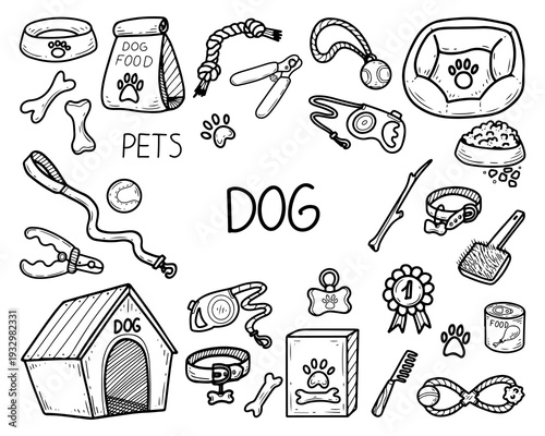 Dog care set. Vector doodle hand drawn. Grooming. Beloved pet. Kennel, leash, food, bowl, collar, bone, bed, ball. Puppy care items. Graphic art illustration.