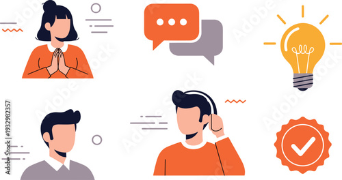 Customer Support and Creative Idea Vector Illustration Set with Male and Female Characters Speech Bubbles Light Bulb and Quality Guarantee Icons