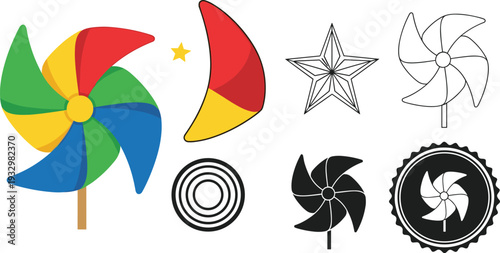 Colorful Pinwheel and Paper Toy Vector Illustration Set with Vibrant Spinning Wheel Icons Multi-colored Windmill Blades and Star Shaped Graphics