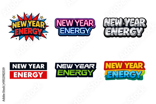 Vibrant new year energy text designs with colorful comic and modern styles