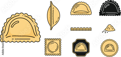 Dumpling and Ravioli Pasta Vector Illustration Set with Traditional Pierogi Scalloped Edge Pastry Sliced Gyoza and Bakery Badge Icons