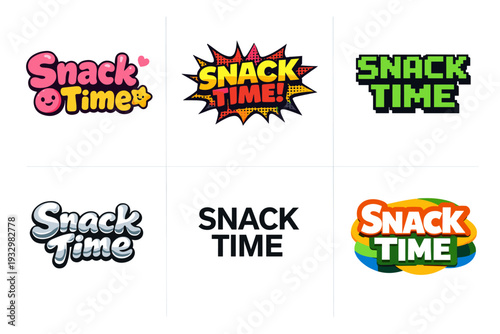 Colorful snack time logos with bold typography and retro designs