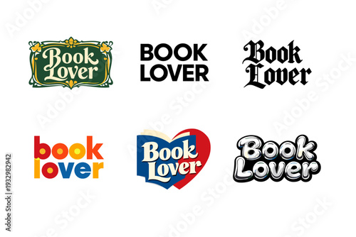 Diverse book lover logo designs in various styles and fonts