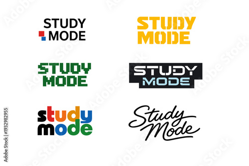 Typography designs for study mode text logos in various styles