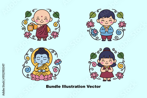 Adorable Buddha kids characters for Vesak celebration, perfect for greeting cards, education, and spiritual themed designs.