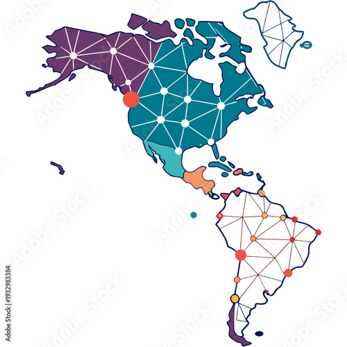 Abstract map of north and south america divided into regions with connecting lines and dots representing network technology and digital communication systems