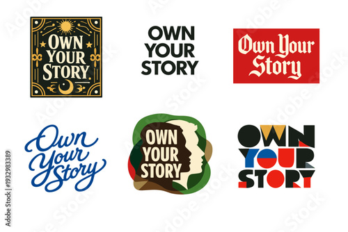 Variety of 'own your story' logos in different styles and colors