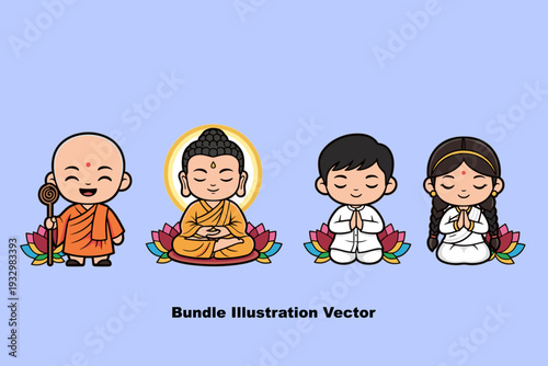 Colorful Buddha characters and kids for Vesak celebration designs and cultural projects.