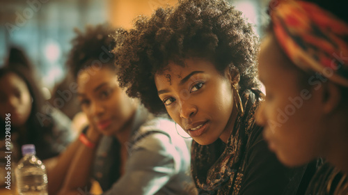 Confident black women collaborating in group discussion at community meeting with diverse female leaders sharing ideas indoors