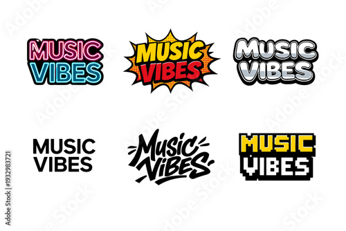 Colorful music vibes logos in various artistic styles