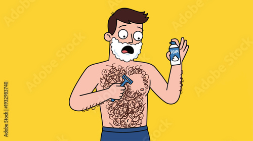 Funny Cartoon Illustration of Hairy Man Shaving Chest – Minimalist Flat Design Art