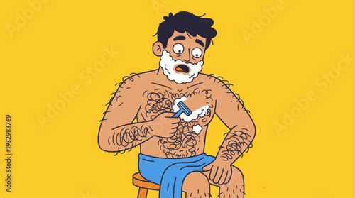 Funny Cartoon Illustration of Hairy Man Shaving Chest – Minimalist Flat Design Art
