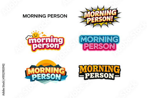 Colorful morning person logos with creative typography and fun elements