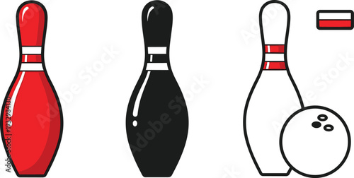 Bowling Sport and Activity Vector Illustration Set with Red Bowling Pin Silhouette Black Pin Profile and Bowling Ball with Pins Icon