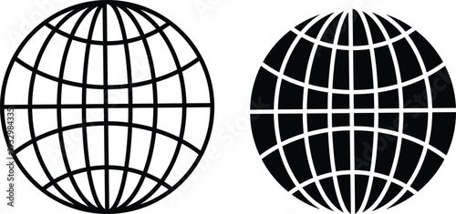 Two minimalist black and white globe icons, one with a white background and black grid, the other inverted with a black background and white grid, representing global communication or world network.