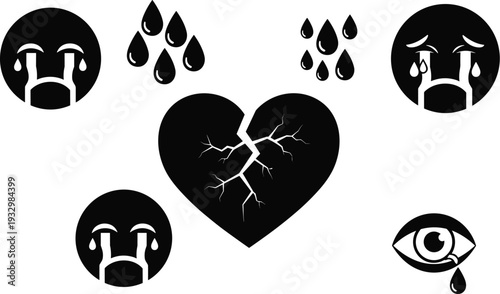 Broken Heart Crying Icon Vector Set, Emotional Sadness and Heartbreak Concept Illustrator Design with Tears Symbols Collection