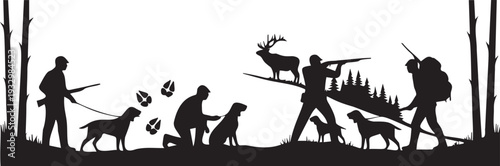 Hunting scene silhouettes of hunters and dogs tracking deer in forest for outdoor sport activity