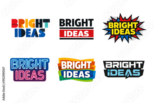 Colorful typography logos highlighting the phrase 'bright ideas' in various styles