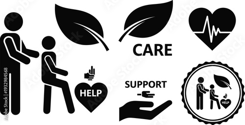 Care Support and Helping Hands Vector Illustration Set with Silhouette People Assisting Each Other Health Pulse Heart and Wellness Badge Icons