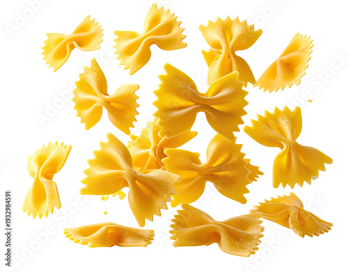 A pile of golden bow-tie shaped pasta scattered against a dark background