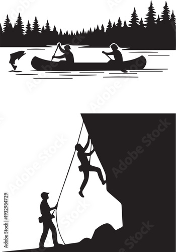 Canoeing and rock climbing silhouettes, depicting outdoor adventures, water sports, mountain climbing, and active lifestyle.