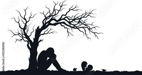 Broken Heart Lonely Silhouette Vector Illustration, Sad Person Under Tree Heartbreak Concept Illustrator Design for Emotional Love Loss Scene