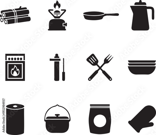 Cooking equipment for camping and outdoor activities silhouette vector illustration set on transparent background