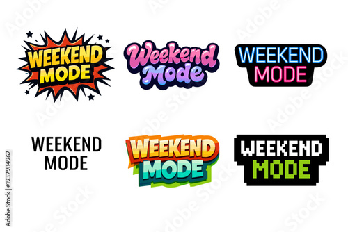 Colorful weekend mode text designs in various styles and fonts