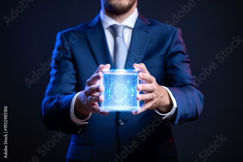 A man in a blue suit holding a glowing blue cube with a futuristic design in his hands against a dark background