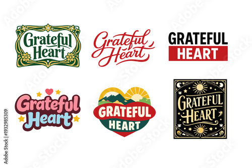 Collection of 'grateful heart' logo designs in various artistic styles