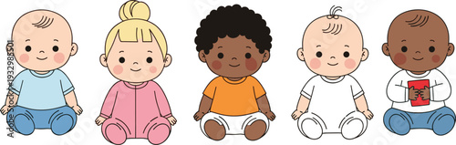 Cute diverse baby characters collection, multicultural infants sitting together, adorable cartoon toddlers, flat vector illustration isolated on white background