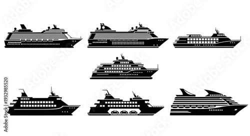 Collection of various cruise ships and ferries in silhouette style for travel.