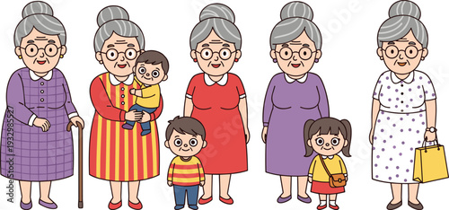 Cute grandmother characters with grandchildren vector illustration, senior women family members isolated on white background, cartoon style collection