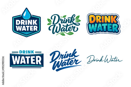 Drink water logos collection: hydration, typography, design variety