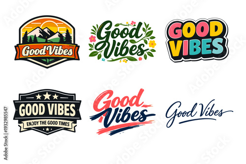 Colorful 'good vibes' logo collection with nature and text elements