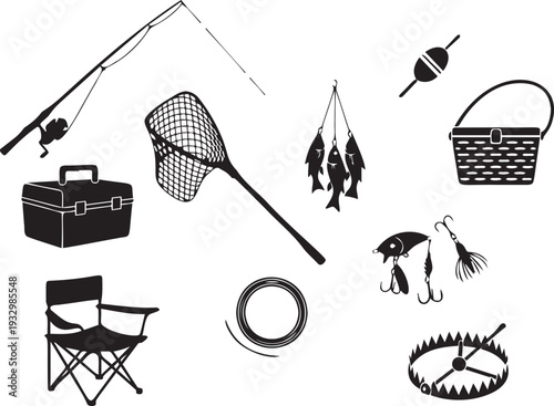 Fishing equipment and accessories silhouette on transparent background for outdoor sports and recreation design