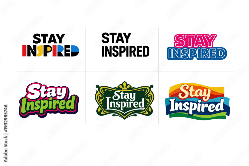Naklejka premium Stay inspired: creative typography logos in vibrant designs